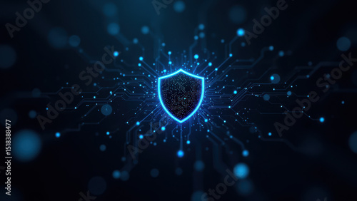 Cybersecurity shield with glowing circuits and data points against a dark background.