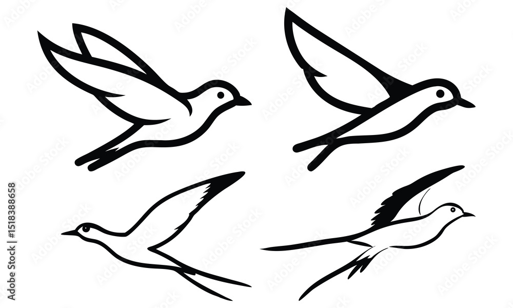 Obraz premium A vector illustration set of various flying bird silhouettes including pigeons, doves, and sparrows, ideal for nature and wildlife designs