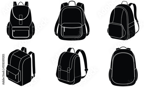 Compact Daypack Silhouette Vector Set – Lightweight Backpack Illustration for Hiking, Outdoor Travel, Daily Commute, Urban Adventure, and Minimalist Gear Design