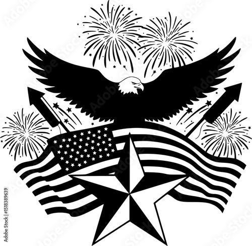 Majestic american eagle spread wings with stars and stripes fireworks and patriotic star emblem

