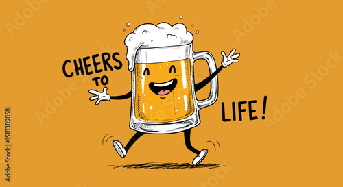 Cheerful cartoon beer mug celebrating life with a joyful expression  