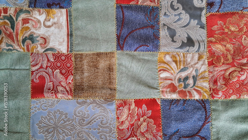Colorful patchwork fabric with baroque and floral patterns sewn from textured upholstery pieces
