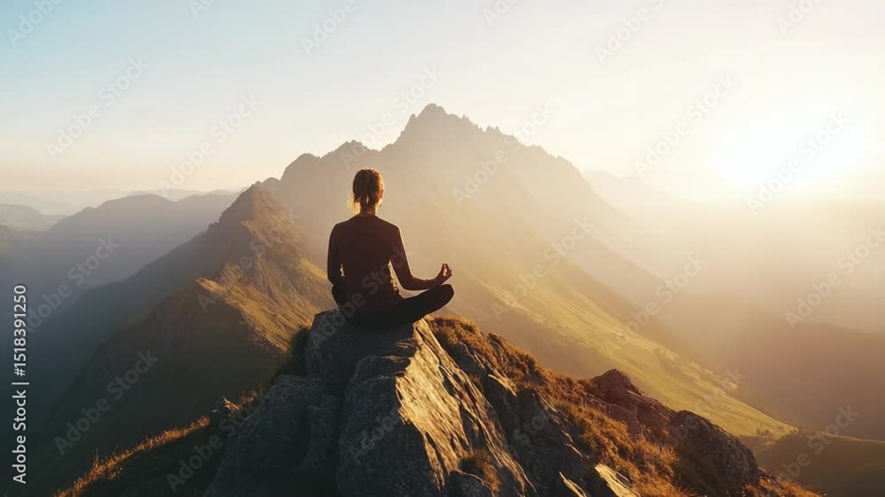 Woman meditating on a mountain peak during sunrise for wellness and mindfulness Woman meditating on a mountain peak during sunrise for wellness and mindfulness