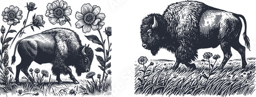 Woodcut Style Illustration of a Bison Walking Through Prairie Grass – Rustic Animal Engraving Artwork, Western Wildlife Scene, Hand-Drawn Etching Design