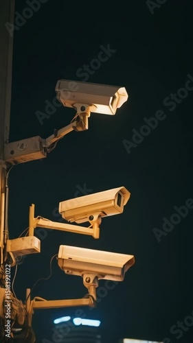 Multiple security cameras mounted on a building exterior at night, observing the surrounding cityscape with bright streetlights.