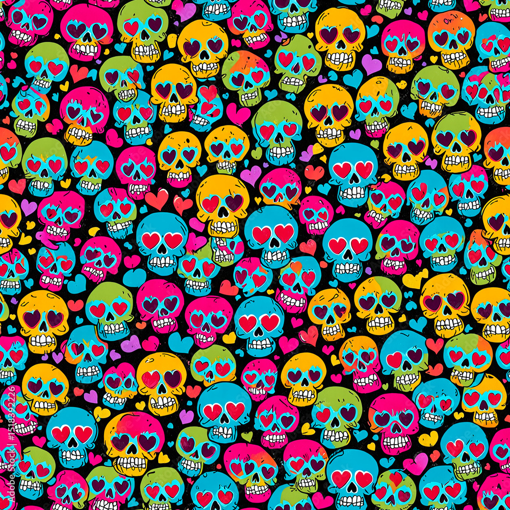 Colorful hand-drawn skulls with hearts in playful pattern, fun design Colorful hand-drawn skulls with hearts in playful pattern, fun design