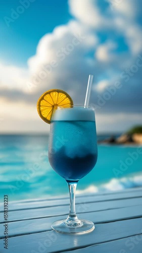 A tall glass of blue cocktail with foam and lemon slice stands on a wooden deck beside the ocean