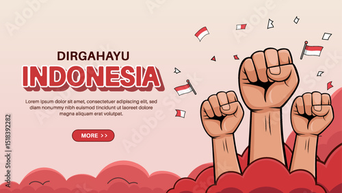 Illustration Celebrating Indonesian Independence with Raised Hands and National Flags