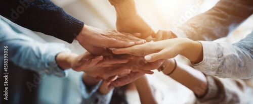 The hands of collaboration and unity in a diverse team environment.