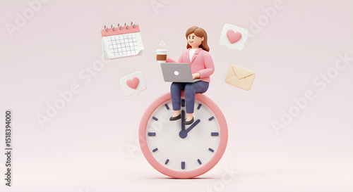 A person personifies work-life balance, juggling work and personal tasks atop a clock, with a coffee cup in hand, and surrounded by calendar, love and letter icons, embodying time management.