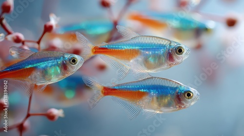 Neon tetra fish swimming among aquatic plants in a freshwater aquarium