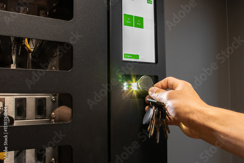 Person using RFID key fob for secure access control system with key management. Ideal for security, smart office, or technology themes.