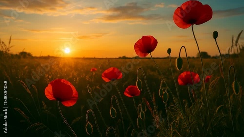 Poppy Field at Sunset Swaying in Gentle Wind – Peaceful Floral Landscape in Golden Light