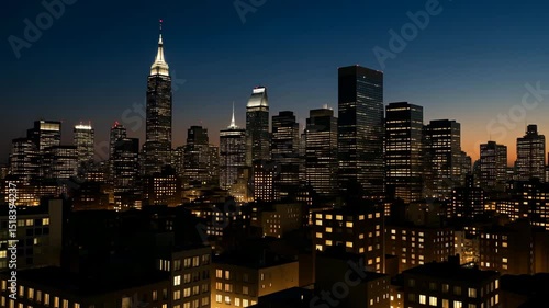 City Skyline at Sunset Transitioning to Night with Skyscrapers Lighting Up – Urban Time-Lapse Scene