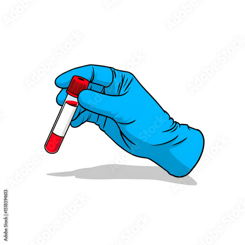 Gloved Hand Holding Blood Sample Tube - Medical Lab Test Illustration, blue gloved hand holding a test tube with blood sample, representing medical diagnostics, laboratory testing
