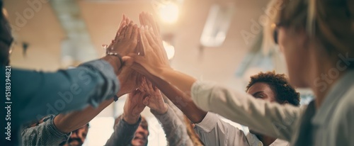 The united team celebrating success with hands raised in collaboration.