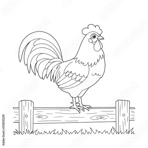 Cartoon rooster standing on a wooden fence in a farm setting  