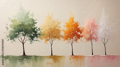Row of trees in four seasons painted in abstract watercolor