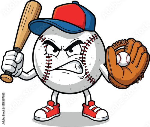 A grinning cartoon baseball mascot character holding a bat and a glove ready to play ball