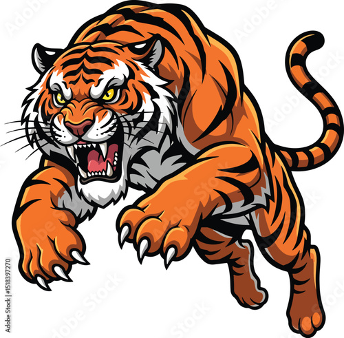Angry tiger mascot with aggressive expression ready to pounce and attack with claws