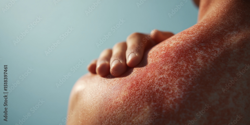 Naklejka premium Close-up of sunburned skin texture, red and inflamed, showing the effects of excessive sun exposure, highlighting the importance of sun protection