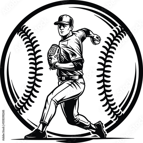 Baseball player pitching a ball inside a baseball with athletic prowess and bold artistic style