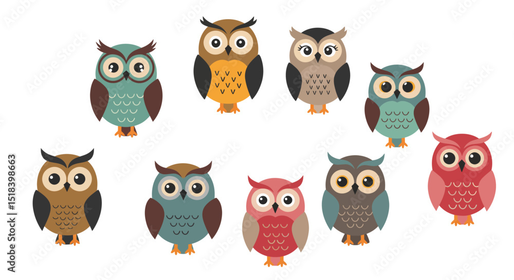 Obraz premium A Collection of Colorful Stylized Cartoon Owl Illustrations