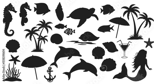 Tropical Ocean Life Silhouettes Sea Creatures Palm Trees and Mermaid