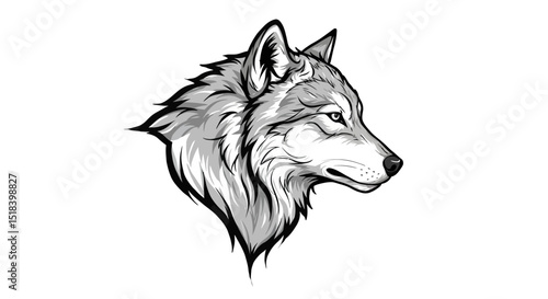 Detailed Black and White Illustration of a Wolfs Head