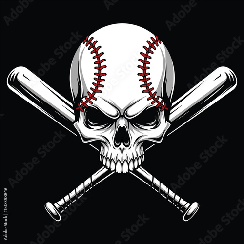 Baseball skull with crossed bats illustration featuring sporty design and grungy baseball theme