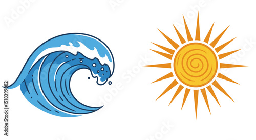 Ocean Wave and Sun Symbol of Summer