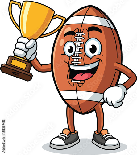 Cartoon american football character celebrating victory with golden trophy and sporting goods