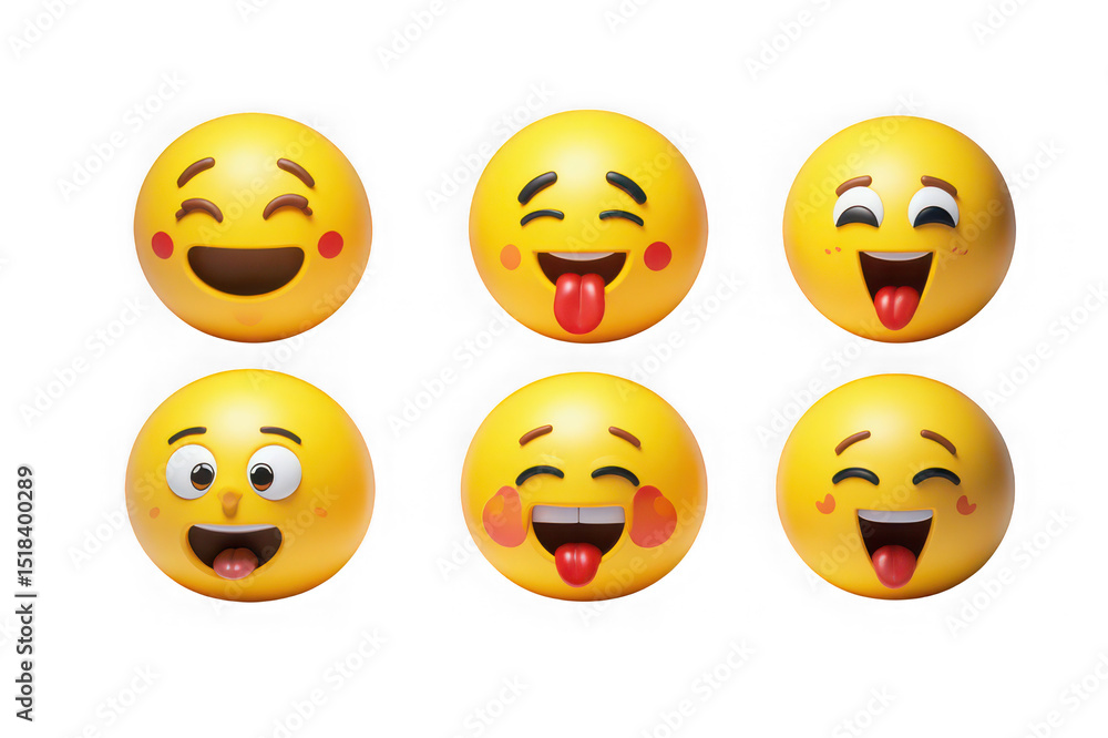 Six 3d rendered emojis showing different happy expressions Six 3d rendered emojis showing different happy expressions