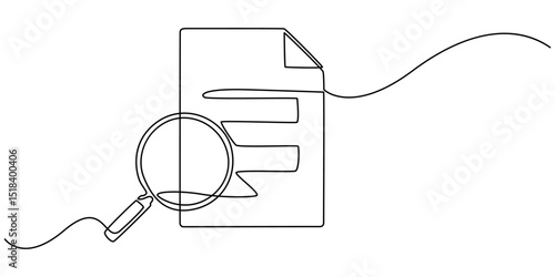 Paper document with magnifying glass one line, Office notes concept, Business analysis concept, Continuous one line drawing of Paper document with magnifying glass. Single line drawing illustration .