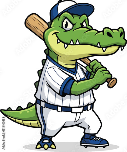 Cartoon crocodile baseball player ready to hit a homerun wearing uniform and baseball cap
