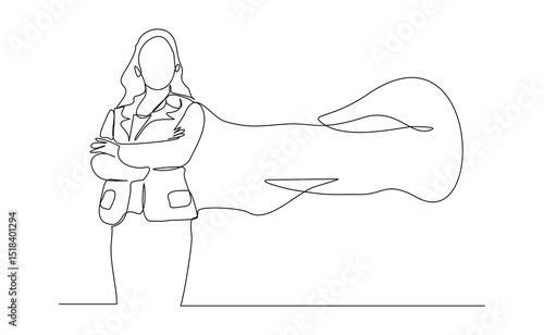 Continuous single one line drawing of flying business super hero woman. Vector illustration concept of power employee, success achievement, business hero leader