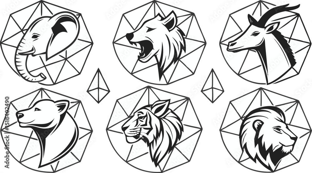 Fototapeta premium Set of Geometric abstract animals. Trendy mono line vector design. Black animals on white background. 