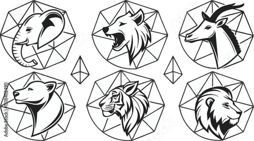 Set of Geometric abstract animals. Trendy mono line vector design. Black animals on white background.  