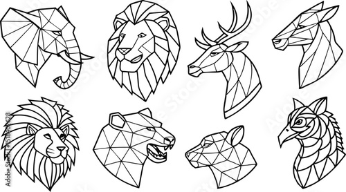 Set of Geometric abstract animals. Trendy mono line vector design. Black animals on white background.  