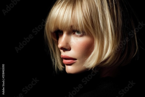 Blonde bob hairstyle portrait with dark background and side profile view of face