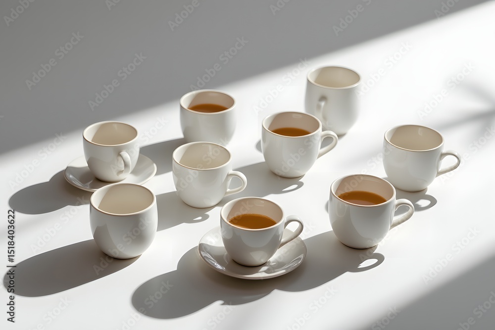 Coffee Cups Arrangement: Ten minimalist off-white coffee cups and saucers are artfully arranged, casting delicate shadows on a bright surface, creating a visually appealing composition. Coffee Cups Arrangement: Ten minimalist off-white coffee cups and saucers are artfully arranged, casting delicate shadows on a bright surface, creating a visually appealing composition.