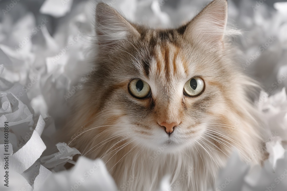 Fototapeta premium Cat surrounded by toilet paper scraps