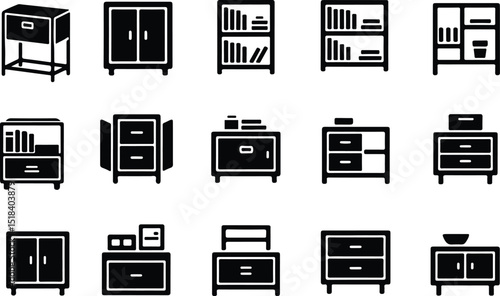 A collection of simple, black and white icons depicting different types of furniture, including bookcases, cabinets, dressers, and nightstands.