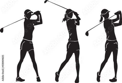 Vector silhouette illustration of three female golfers captured in different golf swing positions.Perfect for sports-related content, golf tutorials, fitness promotions, and women's athletic branding.