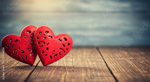 Two Red Wooden Hearts on Rustic Wooden Planks Romantic Symbol of Love and Affection bluer background cover banner,heart, love, valentine, wood, shape, day, symbol, 