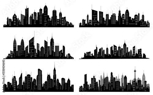 Black cities silhouette collection. Horizontal skyline set in flat style isolated on white. Cityscape with windows, urban panorama of night town.