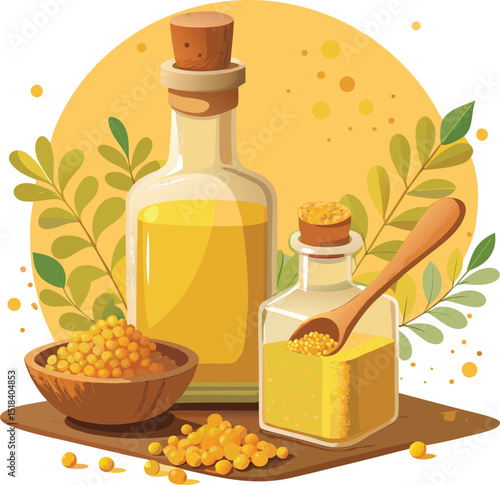 Isolated glass bottle of olive oil and fresh green basil, perfect for healthy Italian cooking ingredients