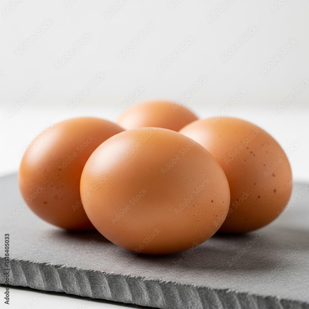 Close-up of raw eggs on a cool gray stone background. Natural overhead lighting enhances texture and freshness Close-up of raw eggs on a cool gray stone background. Natural overhead lighting enhances texture and freshness