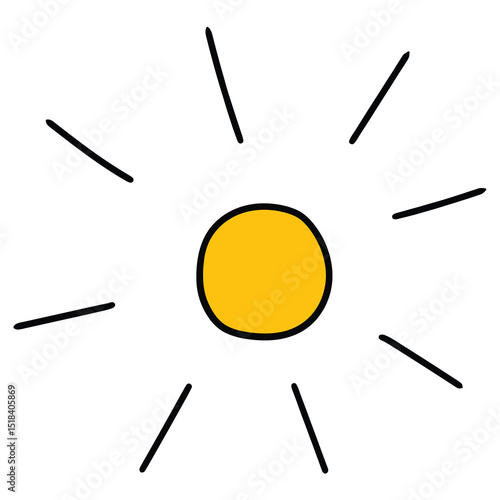 Hand drawn cartoon yellow sun on white background.