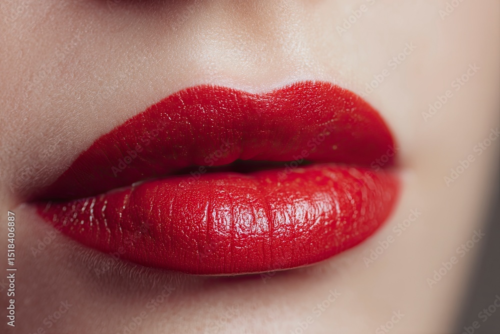 Fototapeta premium Closeup of a persons lips coated in vibrant red lipstick highlighting texture